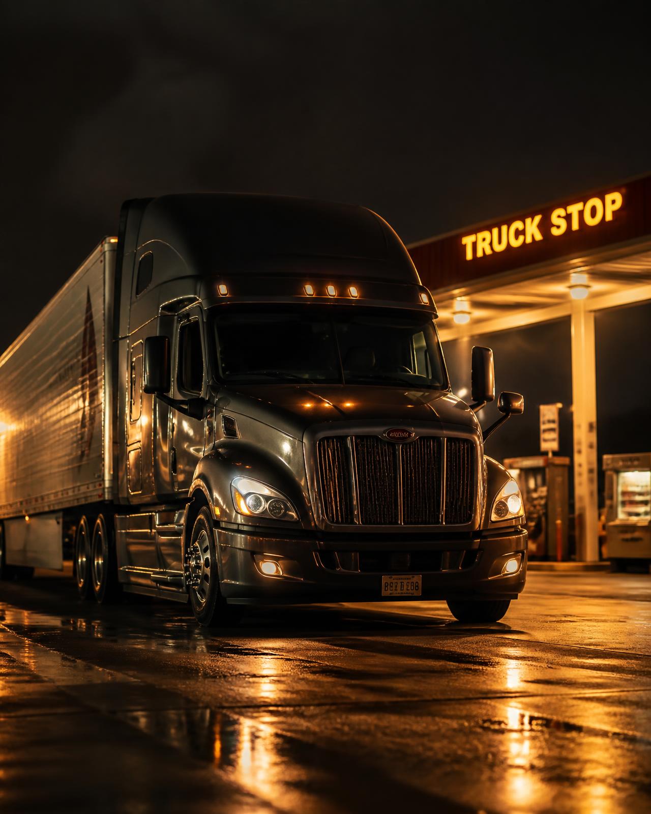 Semi truck parked at a warmly lit truck stop at night